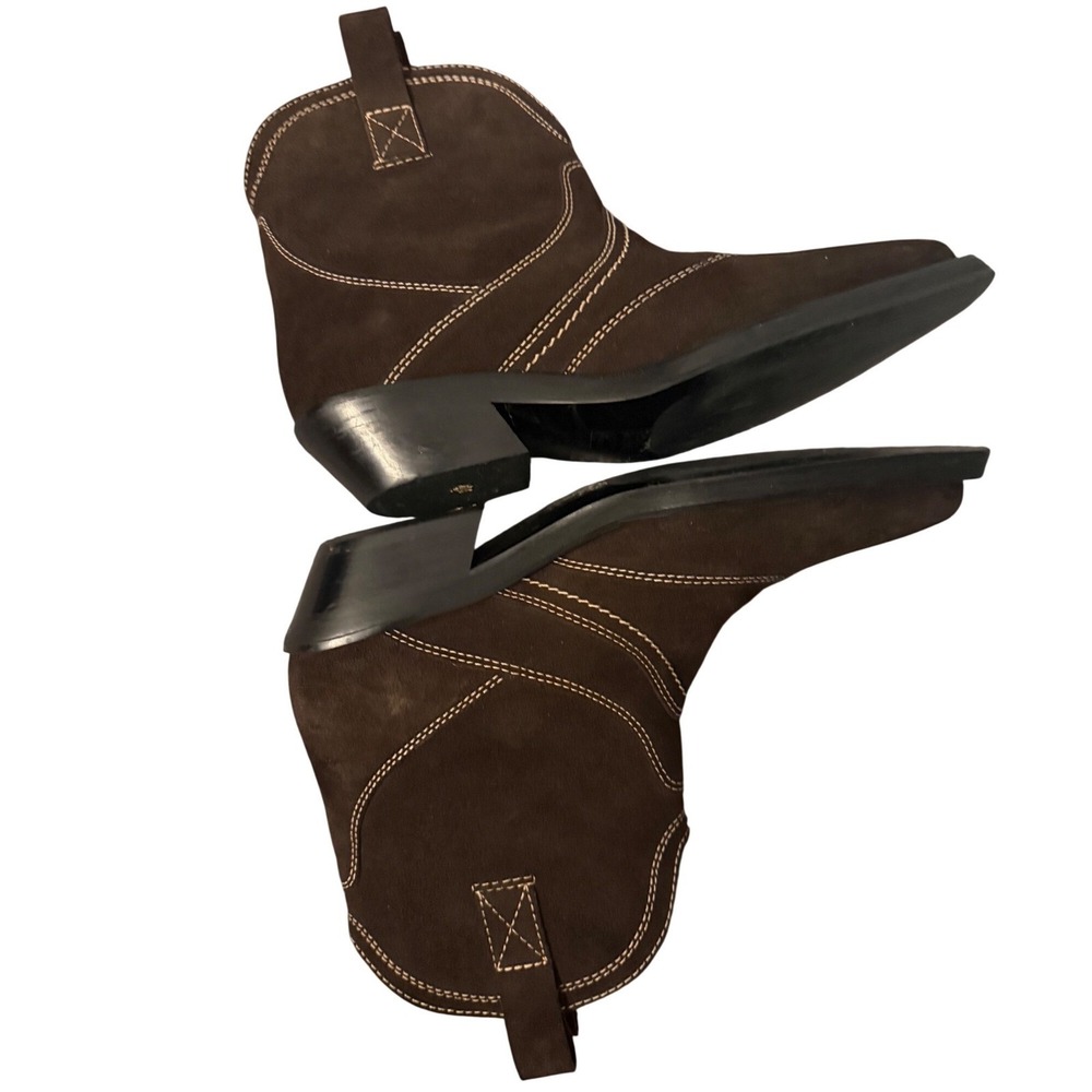 Ganni Brown Suede Western Ankle Boots Pointed Toe Contrast Stitching Size 38